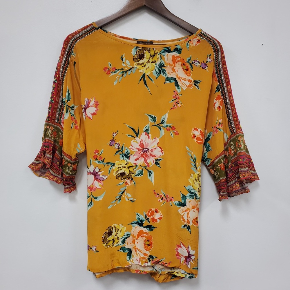Vineet Bahl Anthropologie Womens Bell Sleeve Floral Top Size XL Yellow Bohemian